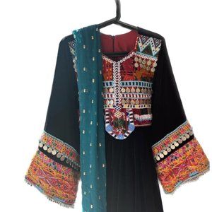 Black Afghan Kuchi Vintage Long Dress Teal Scarf Embroidery 3 Piece Size Medium